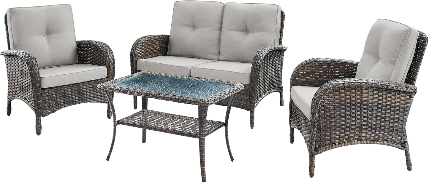 HUMMUH 4-Piece Patio Furniture Wicker Outdoor Conversation Set,All-Weather Rattan Outdoor Sofa Set Patio Chairs Coffee Table for Backyard,Porch,Deck
