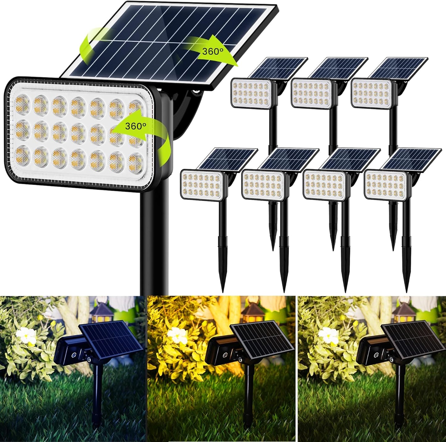JACKYLED Solar Lights Outdoor Waterproof, 84 LED 5 Lighting Modes Solar Spotlights, 360 Adjustable Head & Panel, Solar Powered Garden Yard Spot Lights for Outside Landscape Lighting, 8 Pack