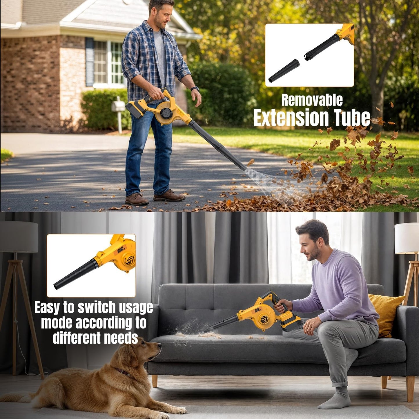 DeForce Electric Leaf Blower Cordless for Dewalt 20v Max Battery, 4 in 1 Blower, 3 Speed Modes, 190 MPH, Battery Powered Leaf Blower w/Extended Tube for Leaves, Lawn Care, Patio, Dust(Bare Tool Only)