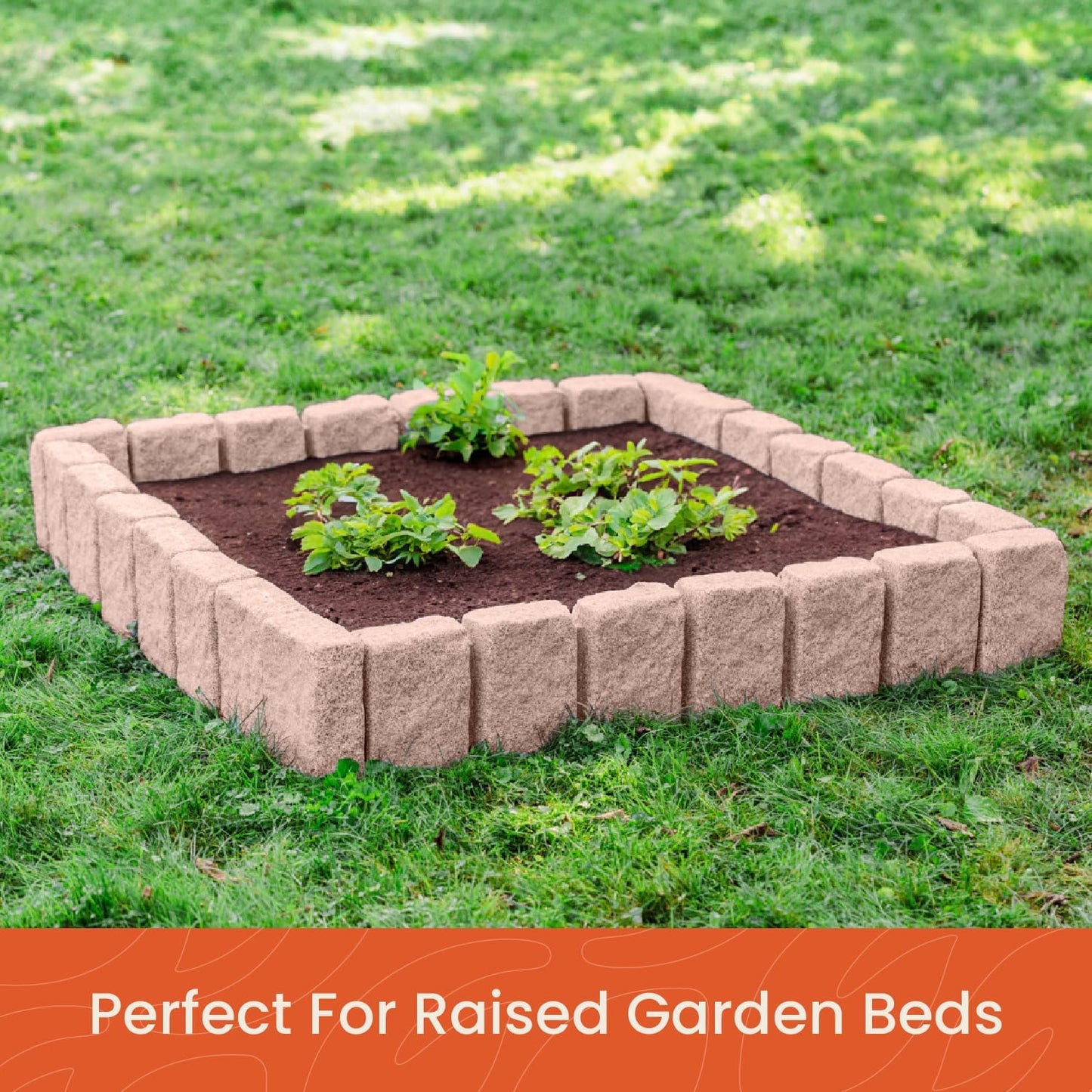 Beuta Landscape Edging | Garden Edging Border | Faux Stone Block XL for Lawn Edging, Flower Beds & Yard Edging – 4 Pack | Each Section Has 6 Blocks 48" L x 4" W x 9.5" H | 12 Spikes | Sandstone