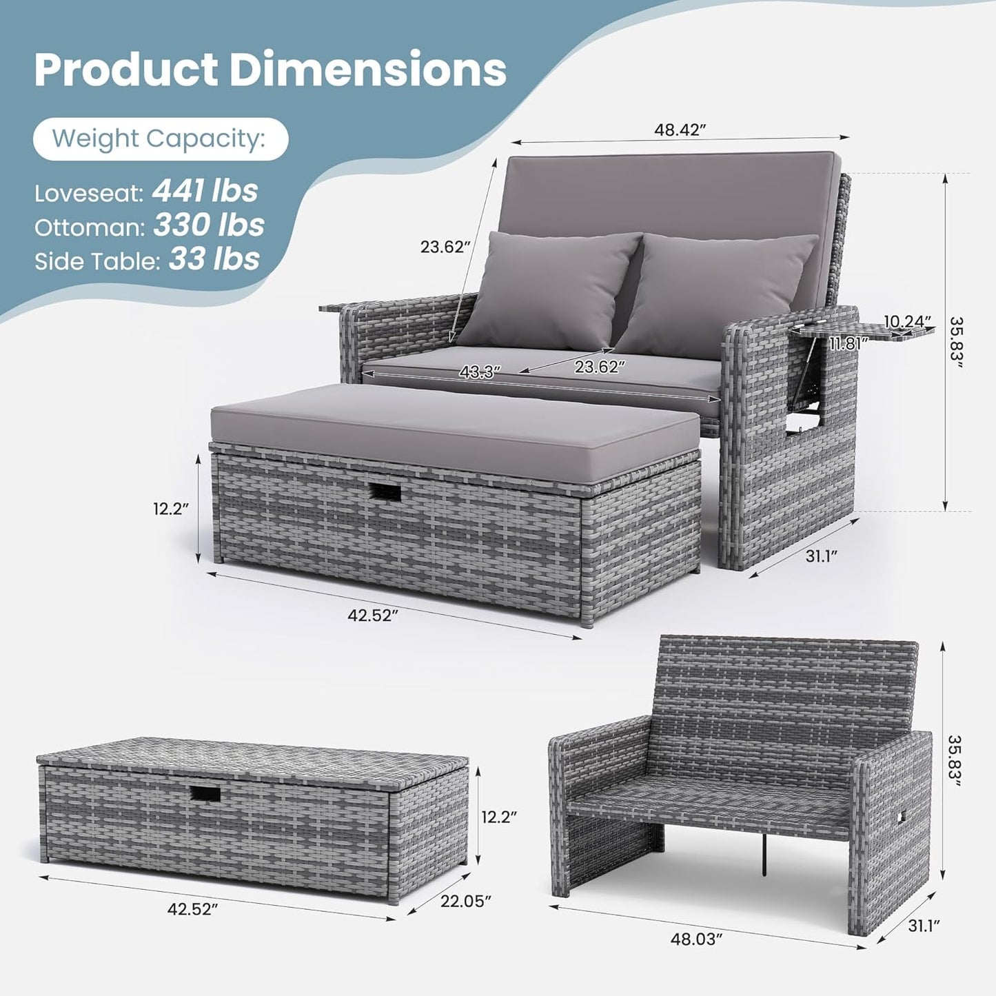 Amopatio Wicker Outdoor Daybed - Outdoor Loveseat with Storage Ottoman,4-Level Adjustable Backrest & Cushions, Patio Loveseat for Yard, Balcony, Porch, Garden, Poolside（Grey）