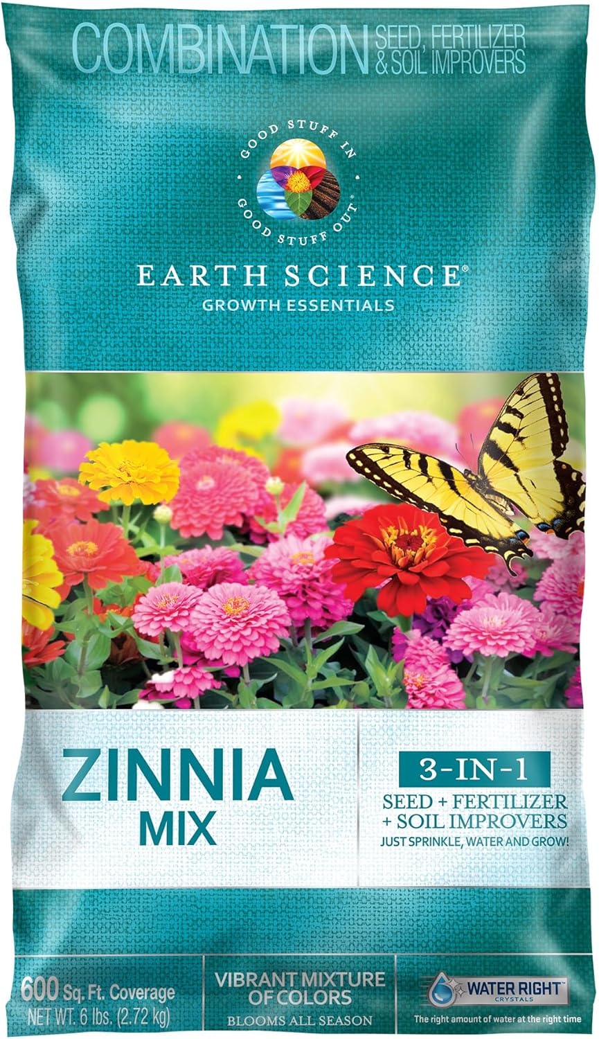 Earth Science Zinnia Wildflower Mix—6lb – 3-in-1 Seeds Plant Food & Soil Conditioner – Non-GMO Vibrant Blooming Flowers for Gardens Low Maintenance Attracts Pollinators – Covers 600 Sq Ft Eco-Friendly