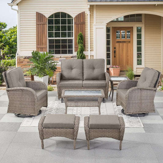HUMMUH 7 Pieces Wicker Patio Conversation Set Outdoor Glider Loveseat with Patio Swivel Rocking Chairs Outdoor Patio Set for Deck Lawn Porch Balcony Poolside-Grey/Grey