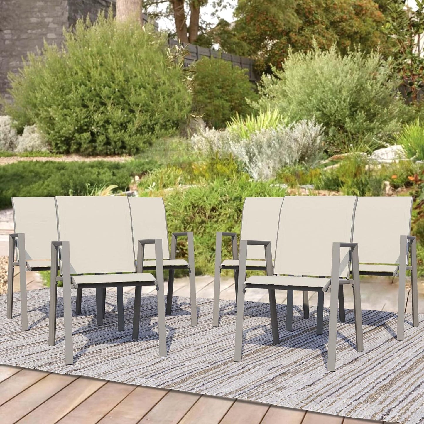 Outdoor Patio Chairs Set of 6, Ivory Beige Stackable Outdoor Chairs, Lightweight Patio Set with High Back, Metal Dining Chair for Lawn, Garden, Yard and Deck