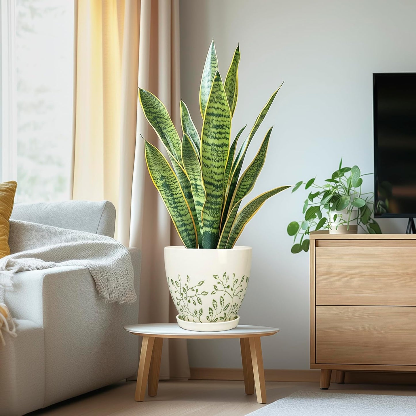 Ceramic Planter for Indoor Plants - 8.2 Inch Plant Pot with Drainage Hole and Saucer, Boho Round Planter for Indoor Outdoor Flowers, Plant Lover Gifts, Home Garden House Decor, White