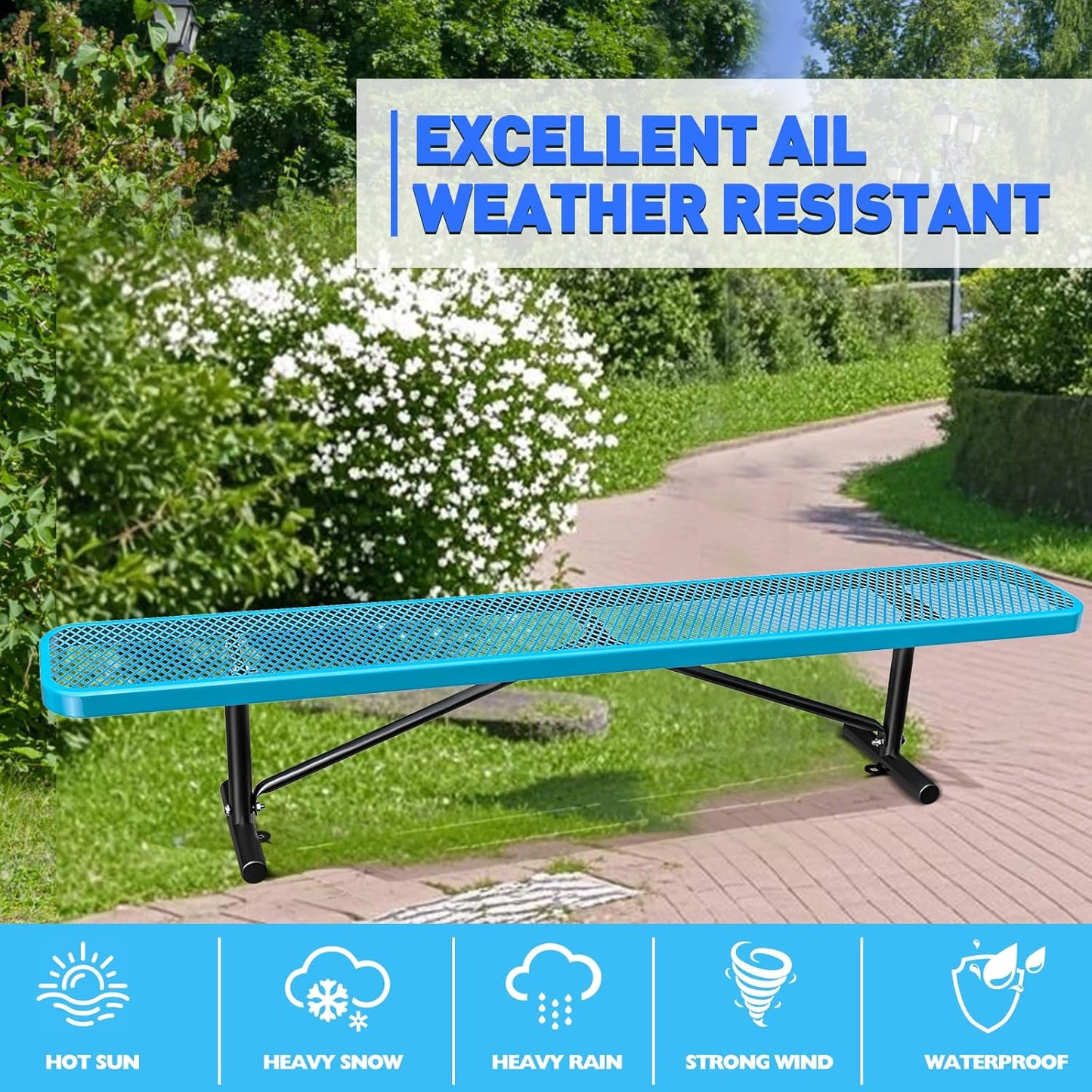 Heavy-Duty Park Bench or Table for Outside - Black Coated Outdoor Furniture Steel Bench, Commercial-Grade Outdoor Benches Weatherproof for Park, Patio, Porch (Blue, 8FT (Without Backrest))