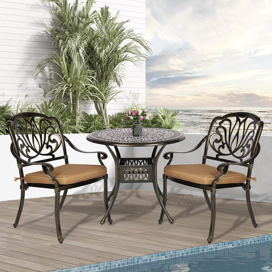 3-Piece Outdoor Patio Dining Set, All-Weather Cast Aluminum Patio Furniture Set for Backyard Garden Deck with 2 Cushioned Chairs and 35.4” Round Table, 2" Umbrella Hole