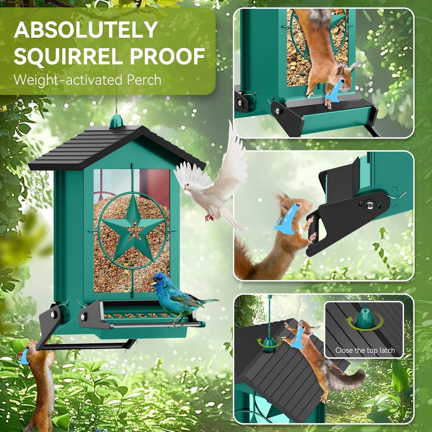 Squirrel Proof Bird Feeder for Outdoors Hanging, Metal Wild Bird Seed Feeder with Bilateral Weight-Activated Perches, 5LB Large Capacity Wild Bird Feeders for Outside Finch, Cardinal, Blue Jay