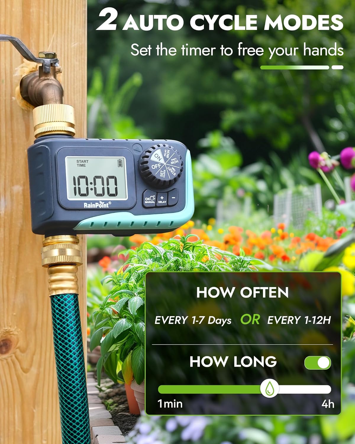 RAINPOINT Sprinkler Timer with Brass Inlet & Outlet, Programmable Hose Timer for Garden Soaker Hose, Watering Timer with Rain Delay/Manual Watering System, Digital Drip Irrigation for Yard, Lawn