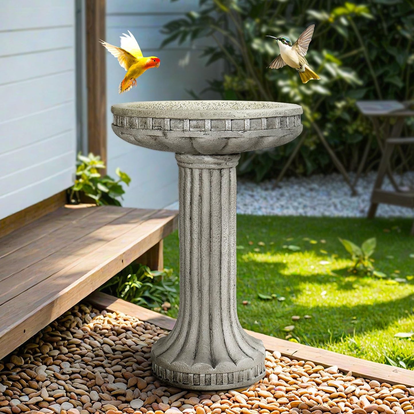SunJet 24” H x 16” Dia Outdoor Birdbath with Classical Pedestal - Fibre Reinforced Concrete Birdbaths, Vintage Design for Garden Decor & Bird Attraction