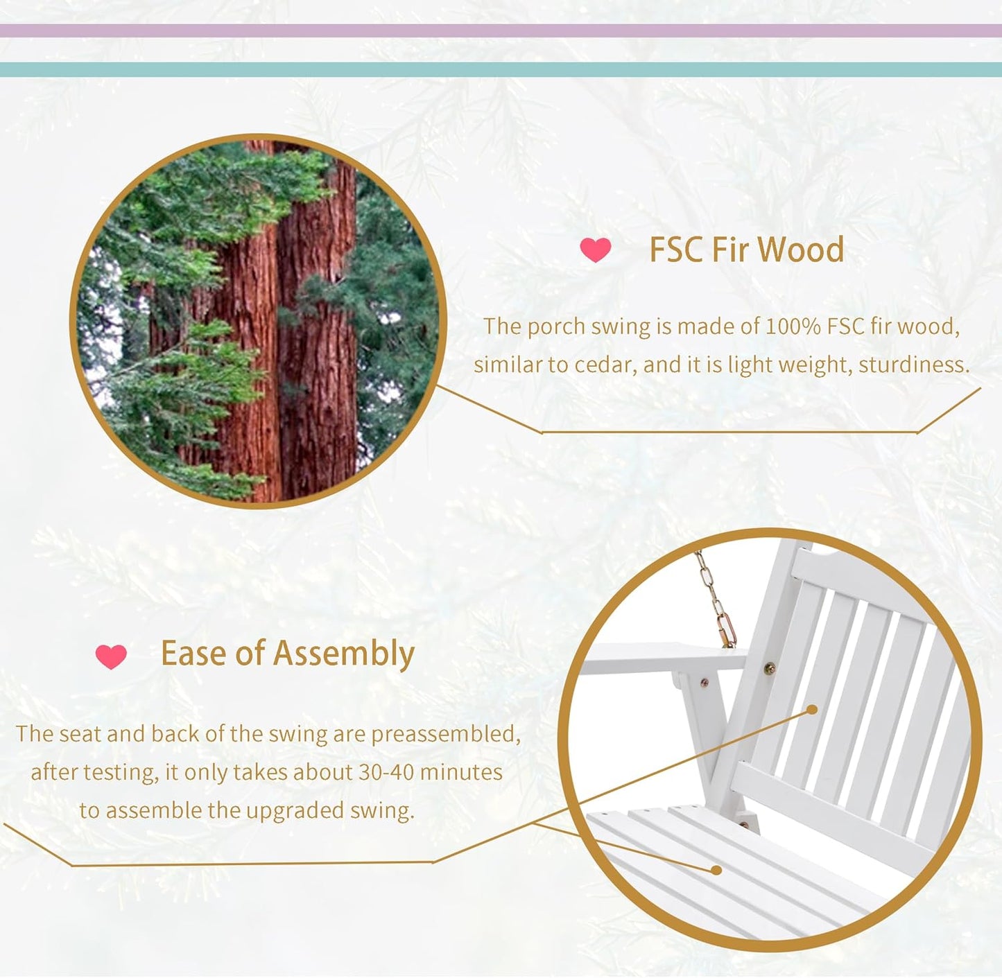 Anraja Wooden Porch Swing 2-Seater, Bench Swing with Hanging Chains, Heavy Duty 800 LBS, for Outdoor Patio Garden Yard, 4 Ft, White