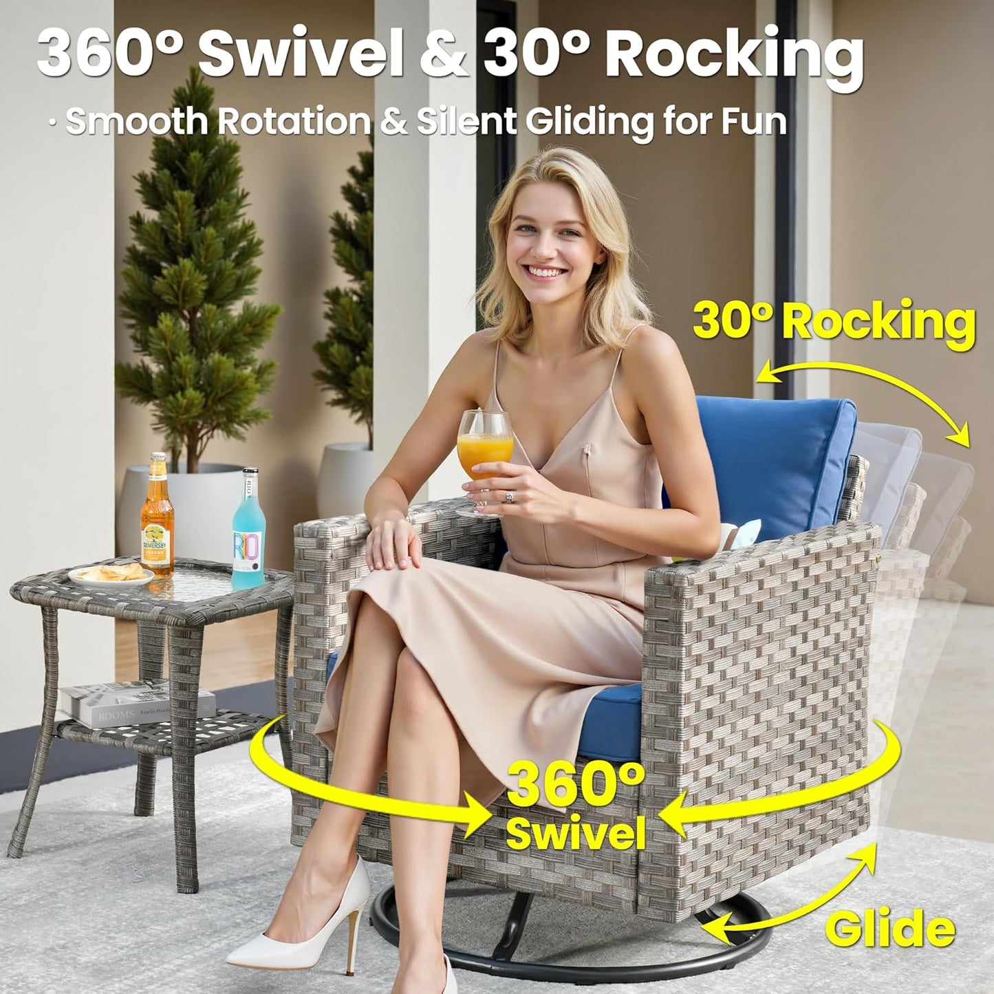 ovios 9 Pieces Patio Furniture Set, Outdoor Wicker Sectional Sofa with 42" Fire Pit Table Swivel Chair, Modern Modular Deep Seat Rattan Couch Conversation Sets, Navy Blue