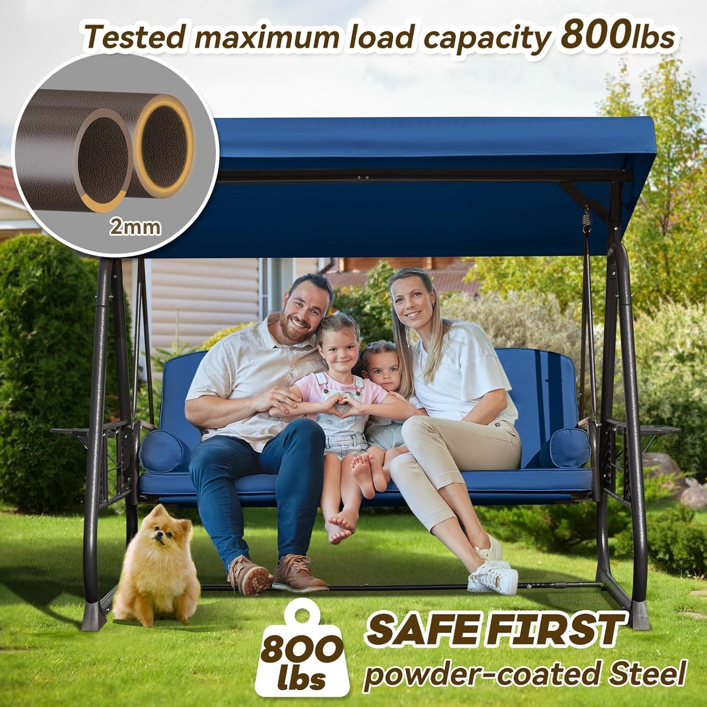 3 in 1 Outdoor Porch Swing with Adjustable Canopy, 3 Seat Outdoor Swing for Adults, Patio Swing Chair with Thickened Cushions,Pillows & Cup Holders for Backyard, Porch, Garden (Blue)