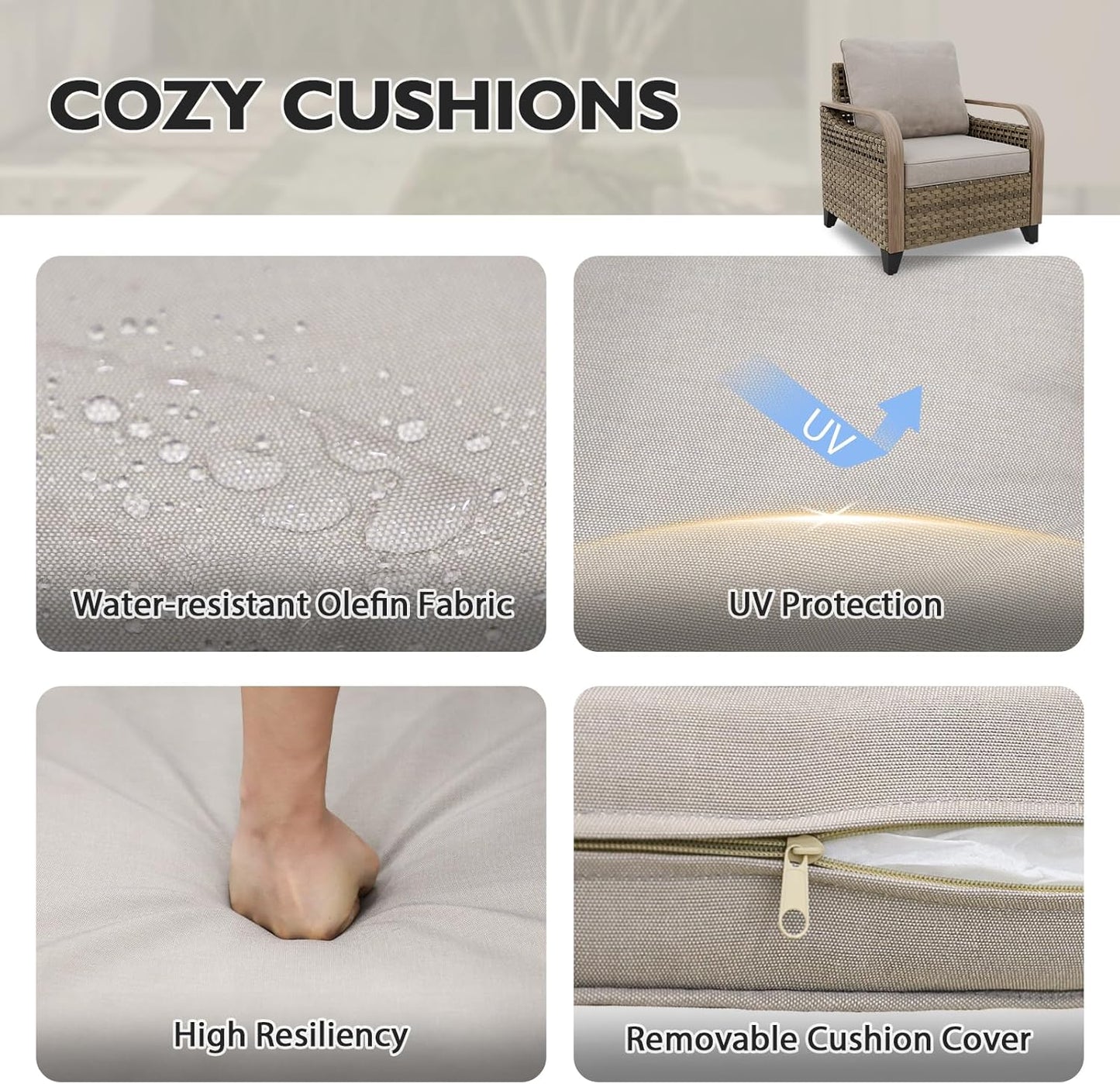 EAGLE PEAK Modern Wicker Outdoor Chair, Patio Chair Curved Armrest, Rattan Patio Furniture for Yard Deck Porch Garden, 2 Chairs 2 Ottomans, 4 Pieces, Brown/Gray