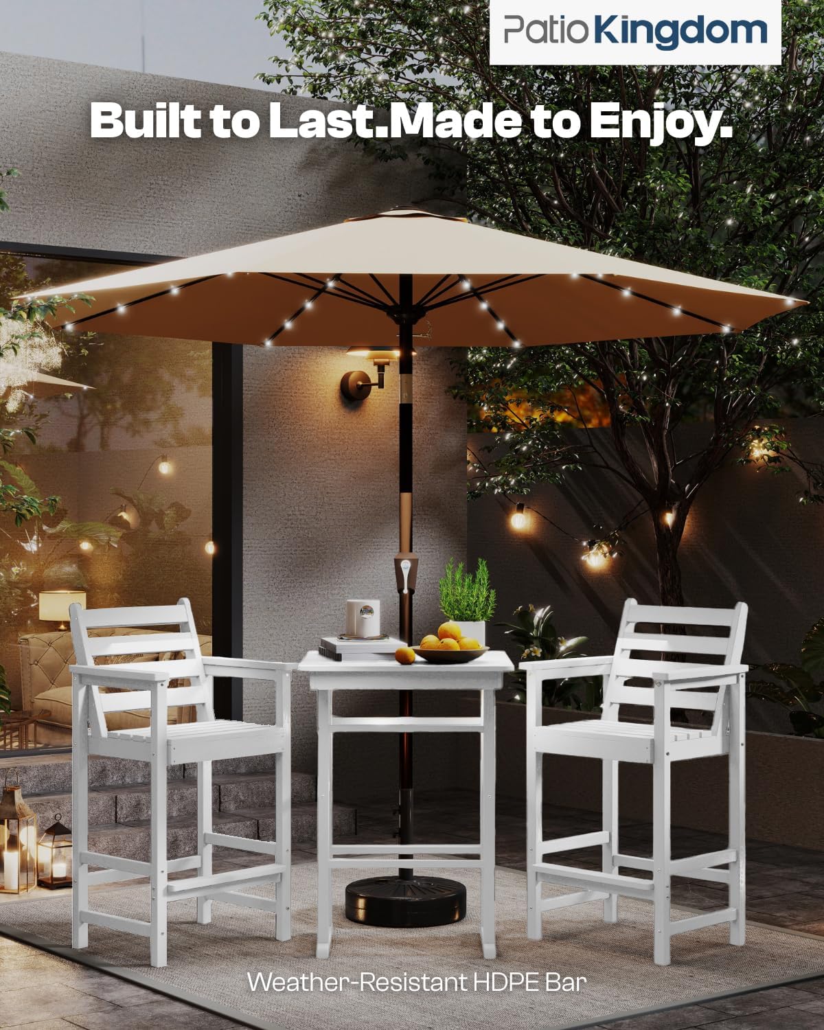 Outdoor Bar Set, 3-Piece HDPE Balcony Set with 2 Tall Adirondack Chairs and Bar Table, All-Weather Bar Height Stools for Patio, Backyard, Poolside (White)
