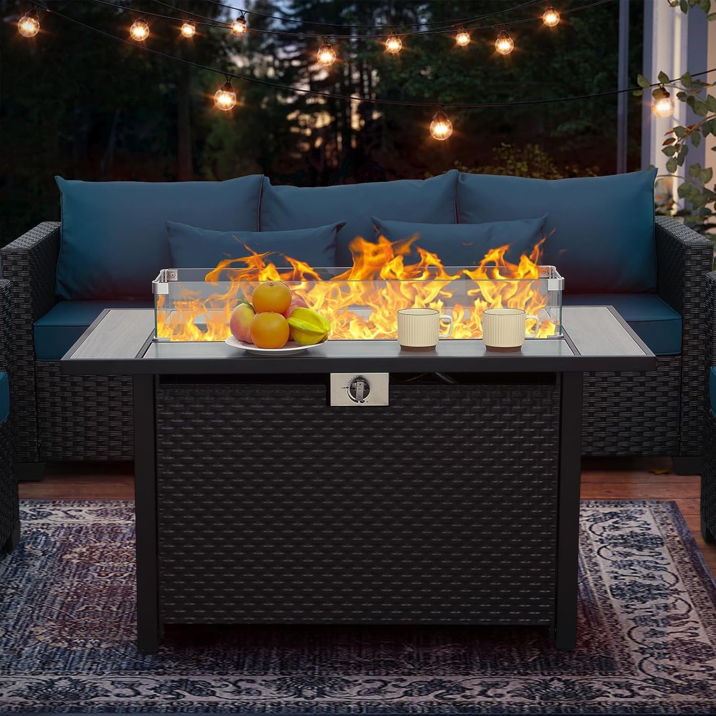 Rattaner 45 Inch Fire Table for Outside 60000 BTU Steel Gas Pit Outdoor with Woodgrain Marble Tabletop Glass Wind Guard Cover and Blue Crystal Beads