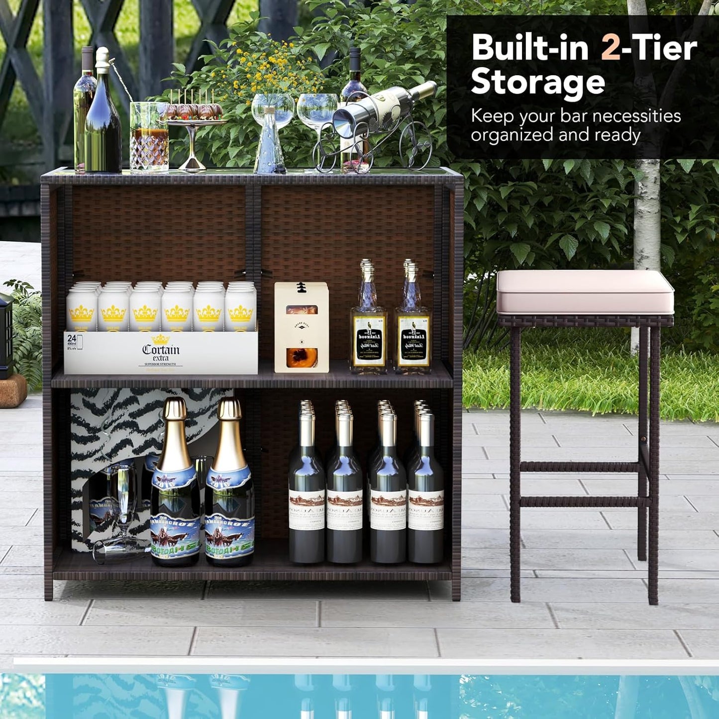 Tangkula 3 Piece Patio Bar Set, Outdoor Rattan Bar Table and 2 Stools with Tempered Glass Tabletop, 2-Tier Storage, Removable Cushions, Outside Wicker Conversation Set