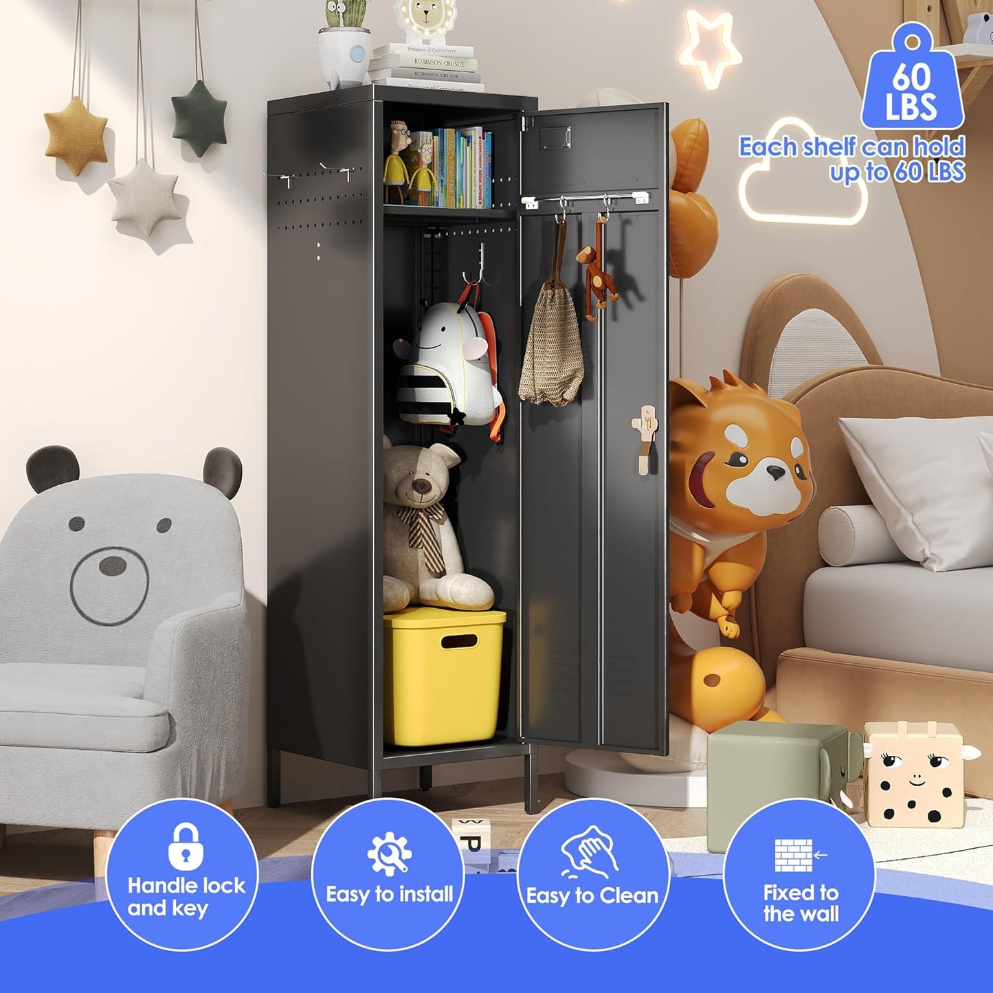 METAN Metal Storage Lockers with 1 Door and 1 Adjustable Shelf,55''H*15''W*15''D Steel Lockers with Hooks for School,Home,Office,Gym,Assembly Required,Black