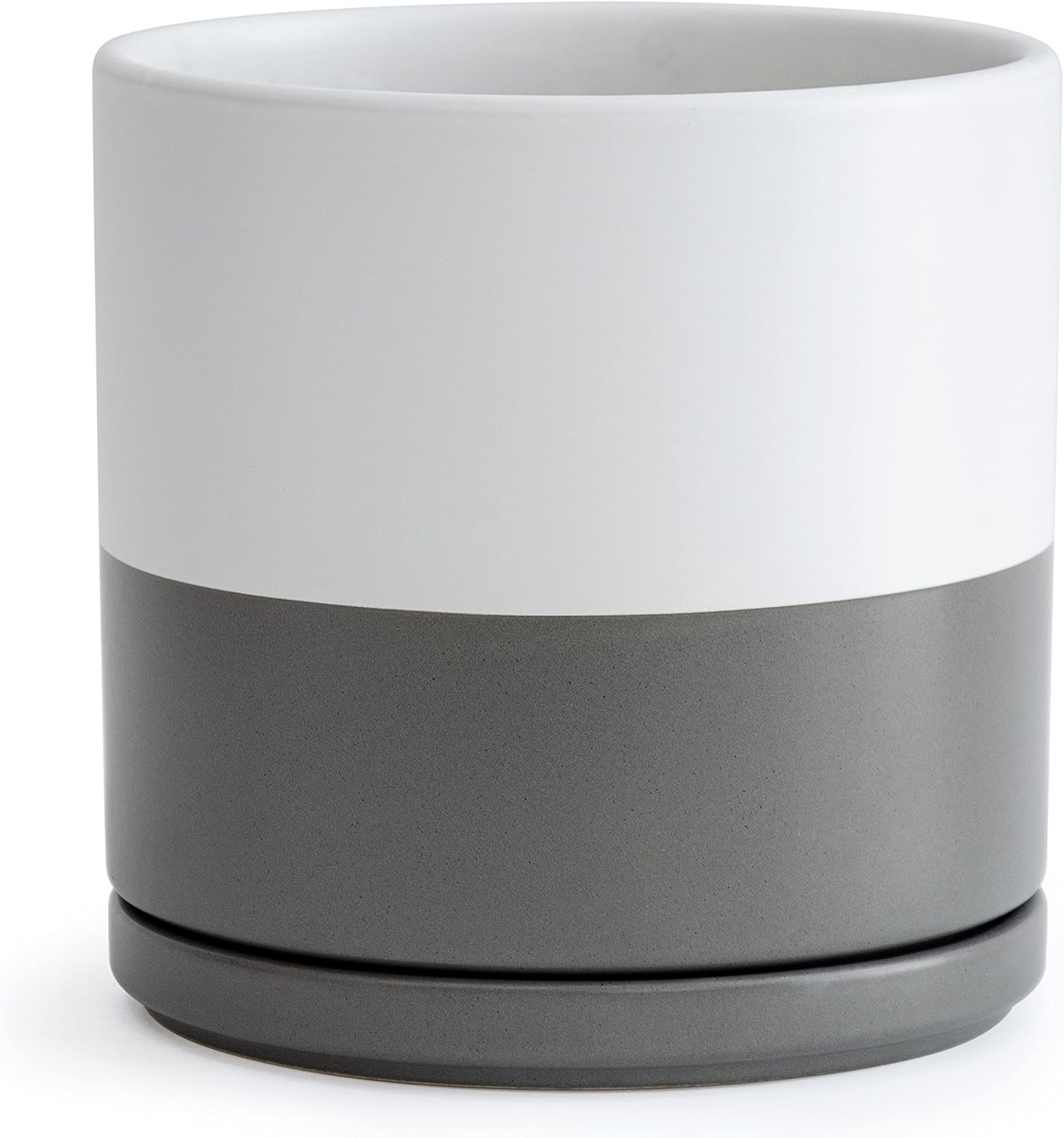 D'vine Dev 10 Inch Ceramic Planter Pot with Drainage Hole and Saucer, Indoor Cylinder Round Planter Pot, White/Speckled Grey, 94-O-E-6