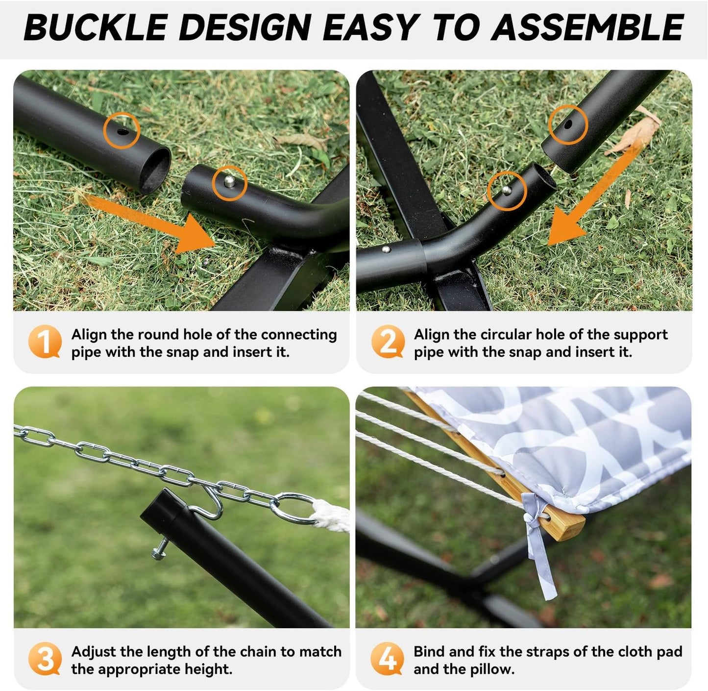 2 Person Outdoor Hammock with Stand, Cotton Rope Hammock with Polyester Pad, Adjustable Steel Frame, Portable with Carrying Bag – for Patio, Backyard, Garden, Beach, White-Gray