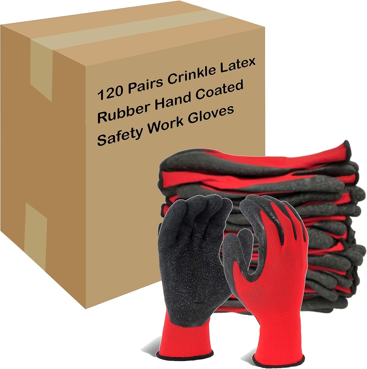 Evridwear Crinkle Latex Rubber Hand Coated Safety Work Gloves for Men Women General Multi Use Construction Warehouse Gardening Assembly Landscaping (XL-Size) Red 120 Pairs Pack
