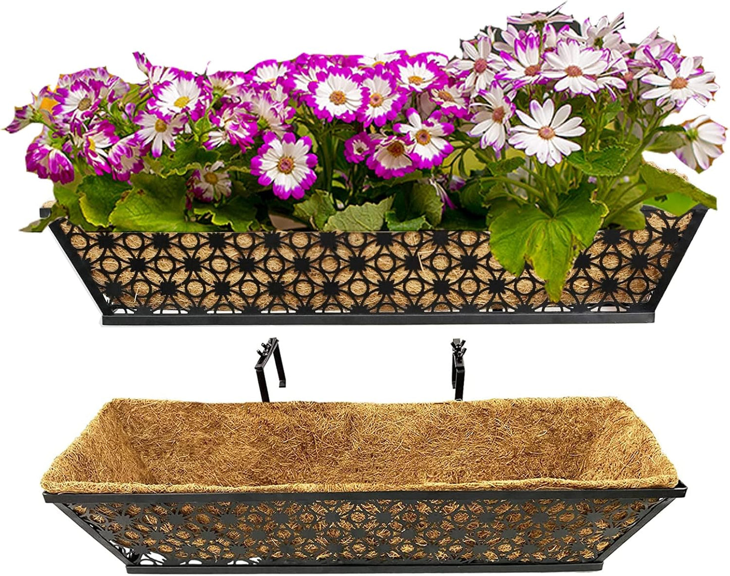 2 Set Deck Railing Planter Box 24" Black Metal Garden Trough Deck Planter English Horse Trough Window Box with Coco Liners