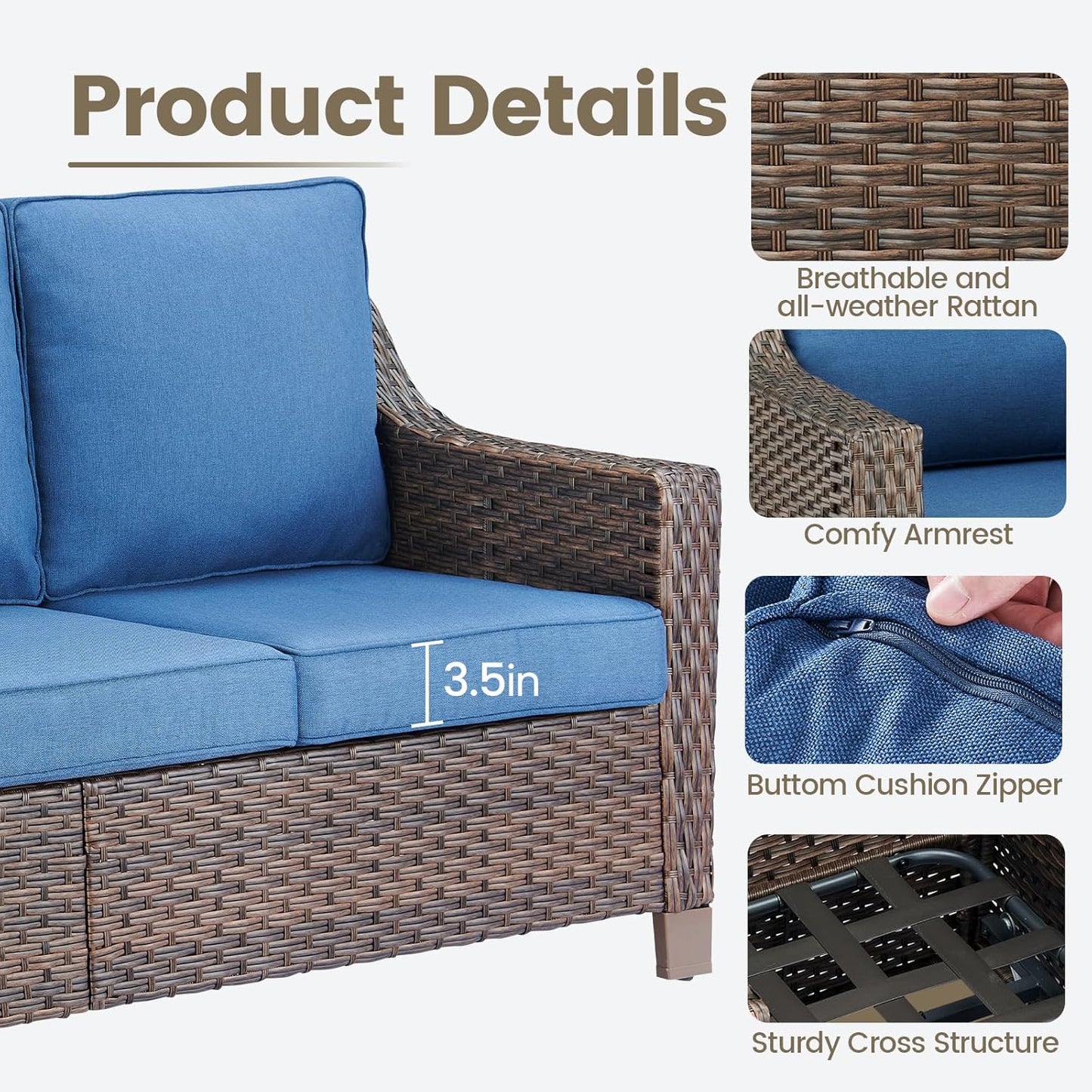 Outdoor Wicker Patio Furniture Set - 5 Piece Outside Rattan Conversation Bistro Dining Chair Sets with Rocking Swivel Chairs, 3-Seat Couch and Ottomans for Porch Yard Balcony – Brown/Blue