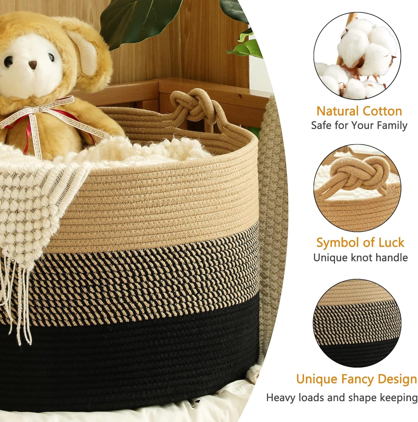 KAKAMAY Large Blanket Basket (20"x13"),Woven Rope Baskets for storage Baby Laundry Hamper, Cotton Rope Blanket Basket for Living Room, Laundry, Nursery, Pillows,Baby Toy chest (Jute/Black)