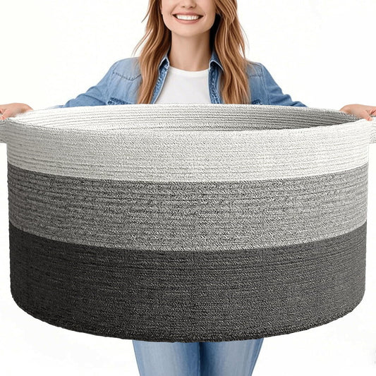 125L Extra Large Blanket Basket, 25" x 16", Jumbo Laundry Woven Baskets Decorative Home, Cotton Rope Basket with Handles, Baby Toy Baskets for Storage, Gradual Gray, 2PC