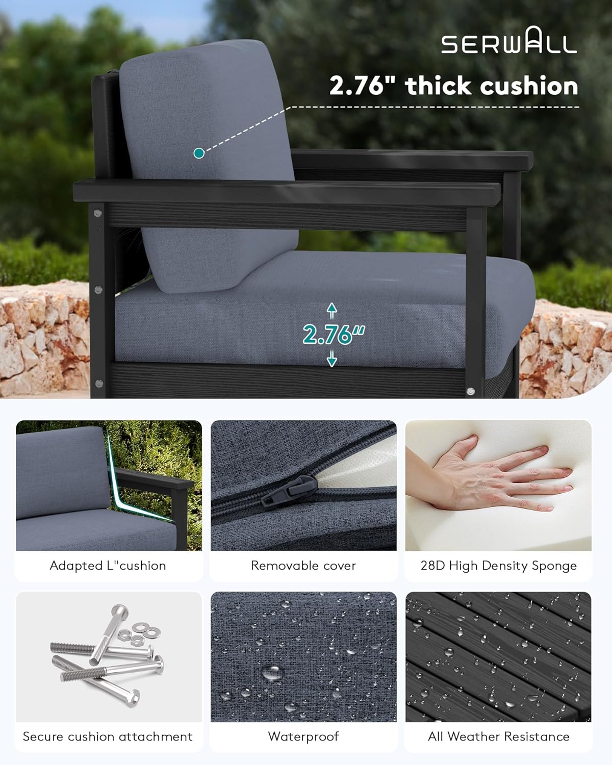 SERWALL Black HDPE Outdoor Loveseat with Grey Cushions, All Weather Use Outdoor Loveseat Sofa, Black Frame with Grey Cushions