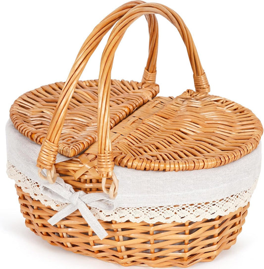 Happypicnic 12" Picnic Basket - Small Wicker Basket with Foldable Handle Lid & Removable Liner | Cute Picnic Basket Toy Empty for Kids, Gift, Halloween, Christmas, Valentines, Easter, Birthday, Solid