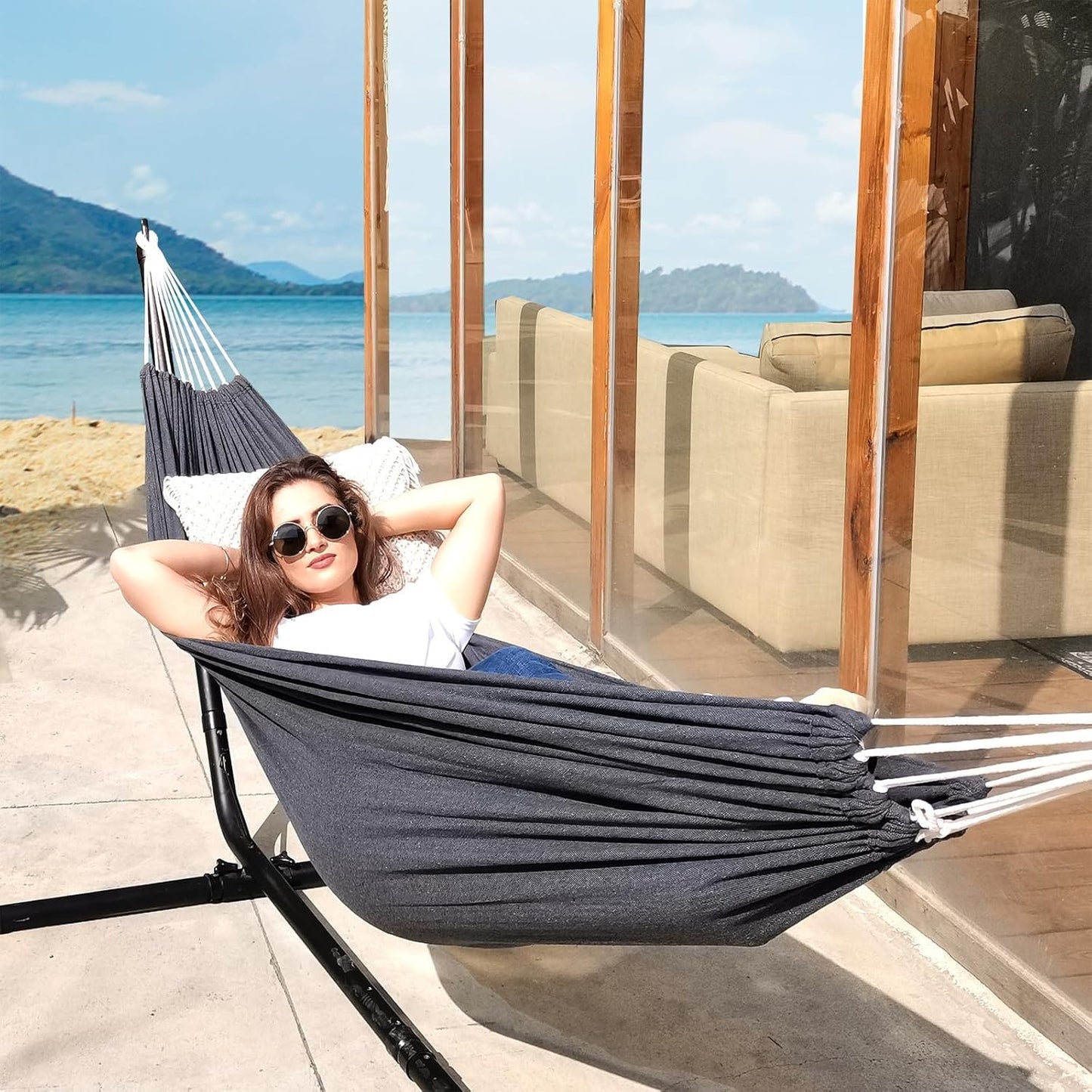 ANYOO Cotton Hammock Portable Camping Hammocks for Hanging Sturdy Garden Comfortable Fabric Hammock with Tree Straps Up to 660lbs with Travel Bag for Camping Outdoor/Indoor Patio Backyard