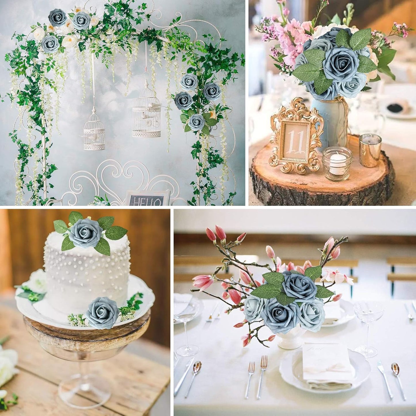 AmyHomie Artificial Flower Dusty Blue Shades Rose 25pcs Real Looking Fake Roses w/Stem for DIY Wedding Bouquets Centerpieces Arrangements Party Baby Shower Home Decorations