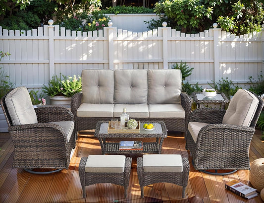 HUMMUH 7-Piece Outdoor Patio Furniture All-Weather PE Wicker Outdoor Conversation Set-Patio Couch Swivel Rocker Chairs with Ottomans Tables for Backyard,Poolside,Deck