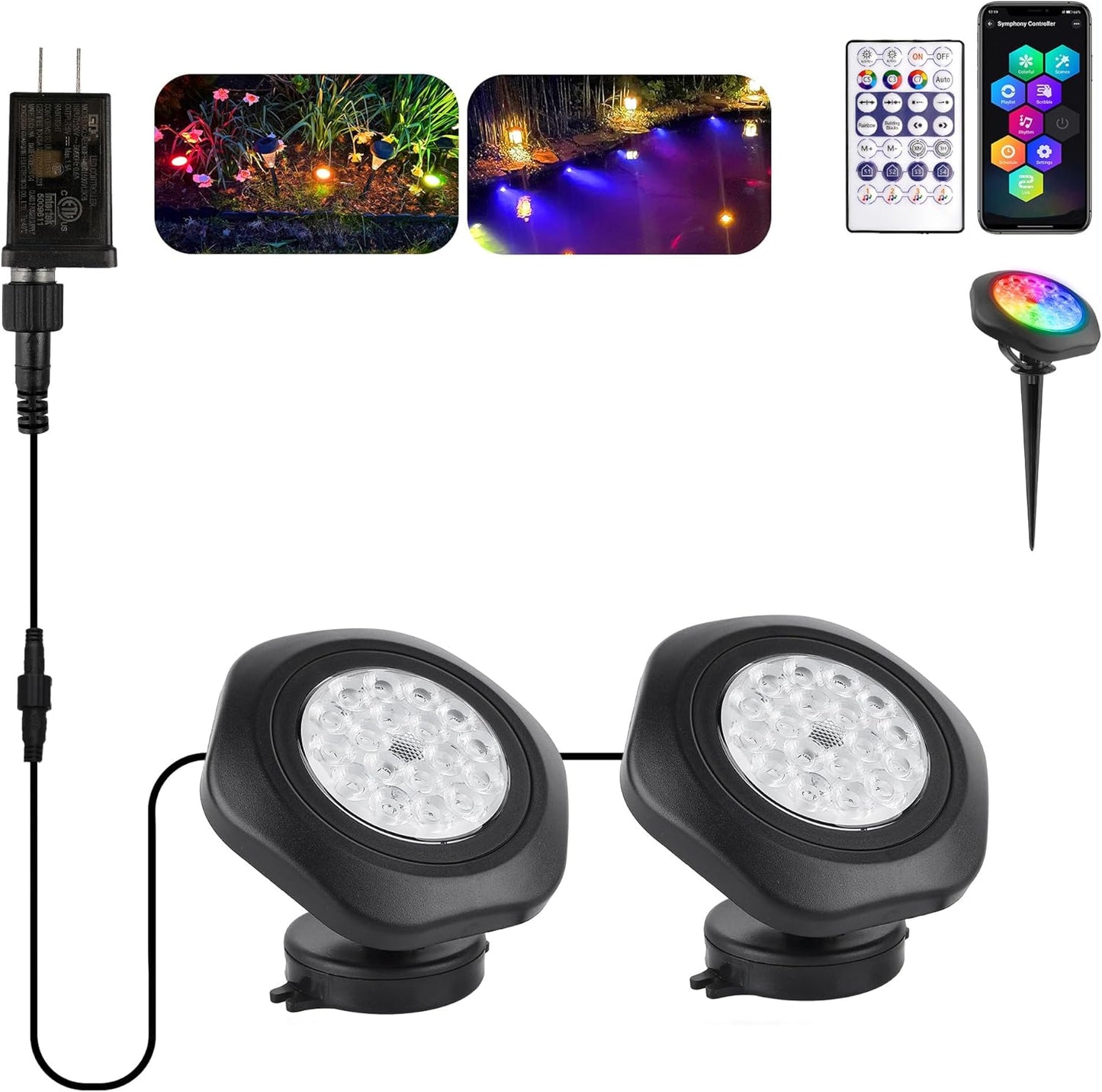 T-SUN Color Changing Pond Lights LED Underwater APP and Remote Control Submersible Fountain Lights IP68 Waterproof Landscape Spotlight Fish Tank Light for Koi Pond Aquarium Garden (Set of 2)