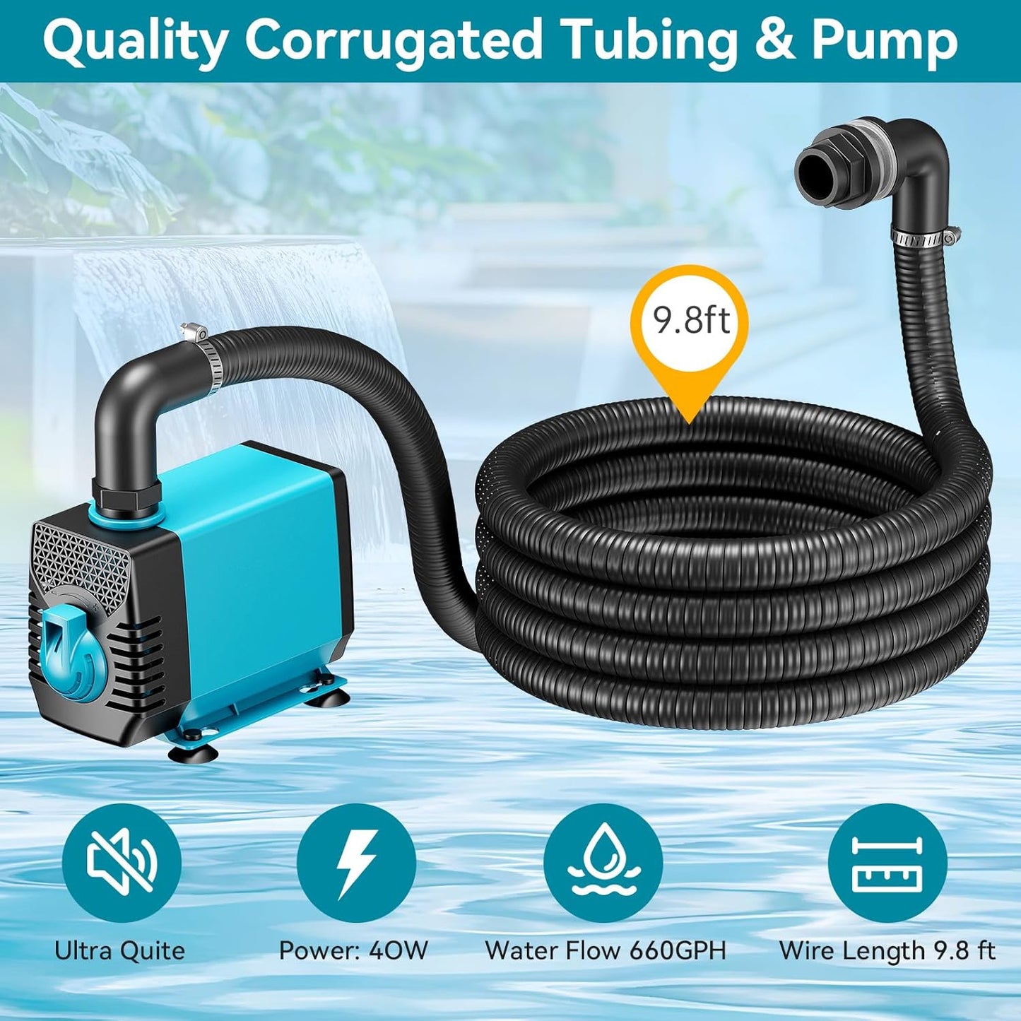 POPOSOAP Pond Waterfall with Pump Kit, 304 Stainless Steel Waterfall Spillway with 40W 660GPH Pump, Pond Spillway with 9.8FT Corrugated Tubing for Garden (12inch)-P43