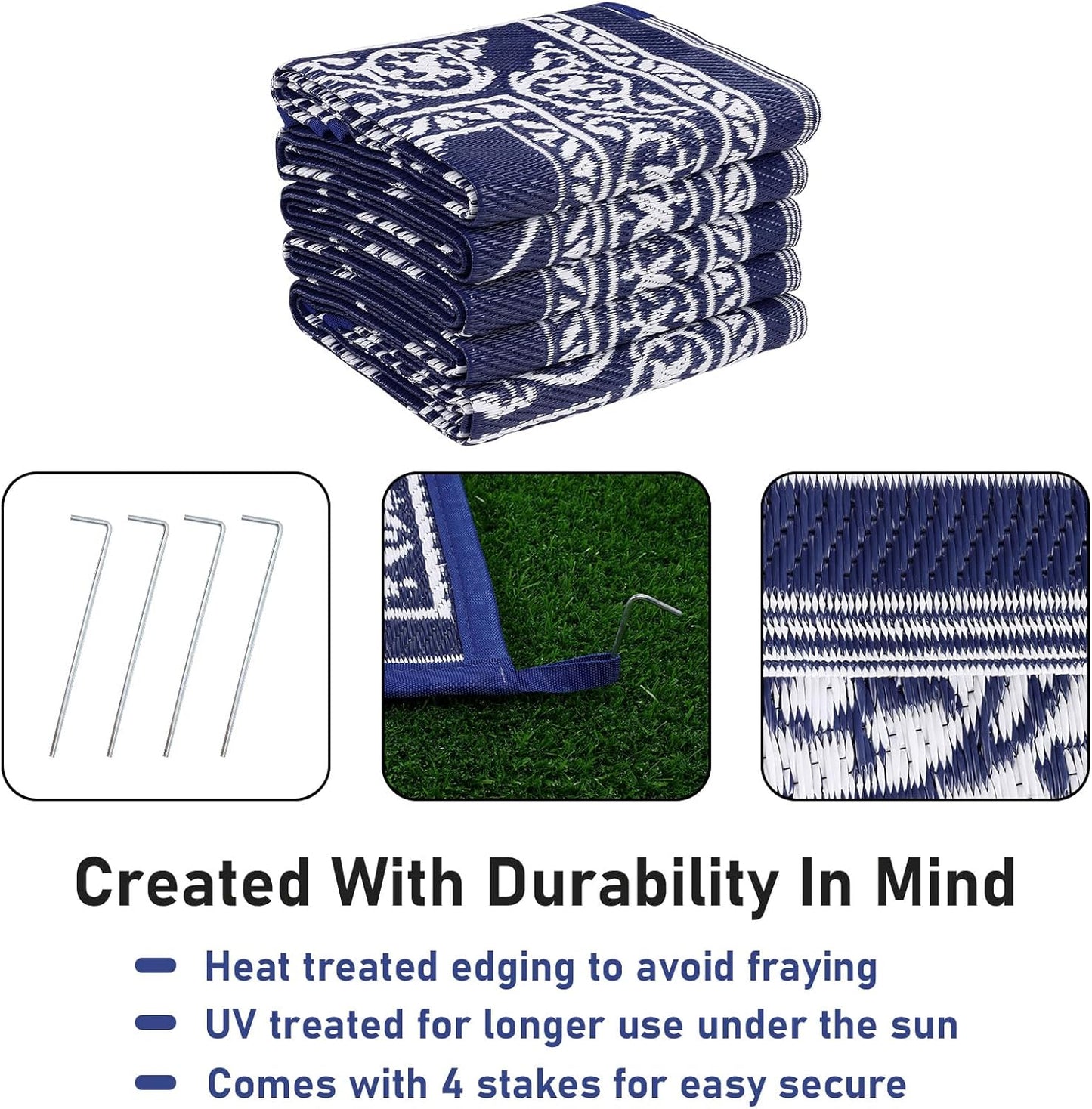 Outdoor Rug 8'x10' for Patios Waterproof Patio Rugs Outdoor Mats for Front Porch,Beach Mat,Reversible Plastic Straw Camping Rugs for Outside RV,Deck,Balcony,Backyard Navy Blue