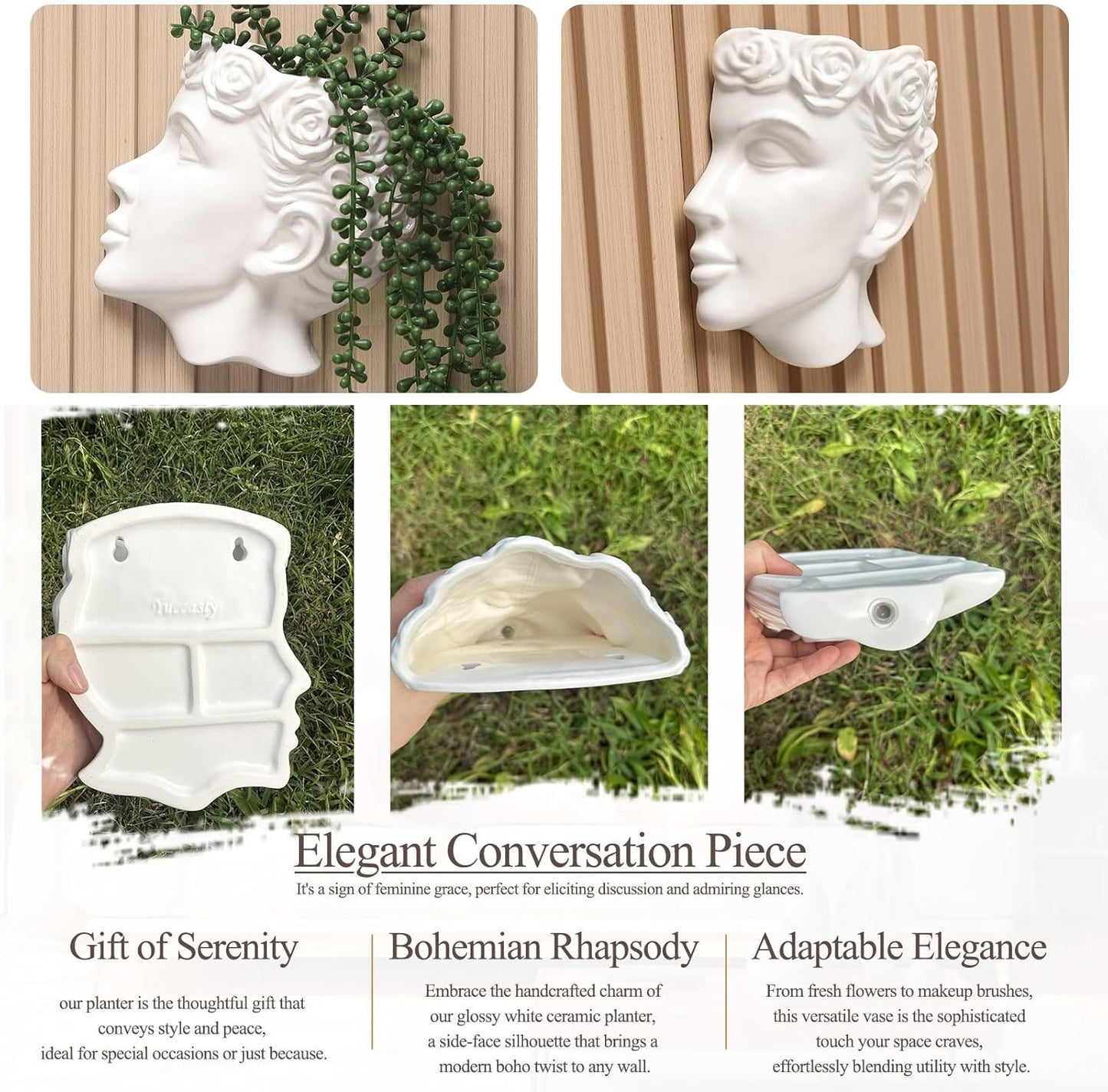 Side-Face Ceramic Planter – Glossy White, Wall-Hanging, with Drainage – 6.7"" Artistic Female Face Vase