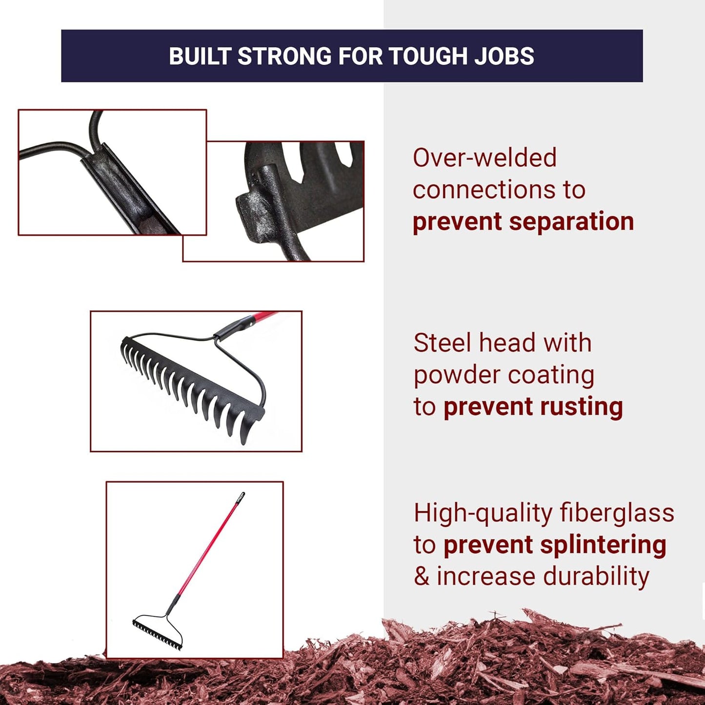 BULLY TOOLS 92309 12-Gauge 16-Inch Bow Rake with Fiberglass Handle and 16 Steel Tines, 58-Inch