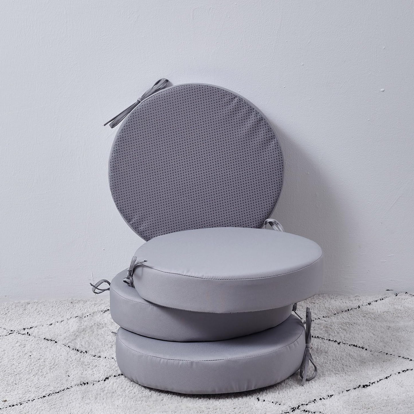 15 x 15 Inch Round Cushions for Outdoor Furniture Non-Slip Waterproof Patio Bistro Chair Cushion with Ties Bar Stool Seat Cushion for Kitchen Chairs Set of 4, Light Gray