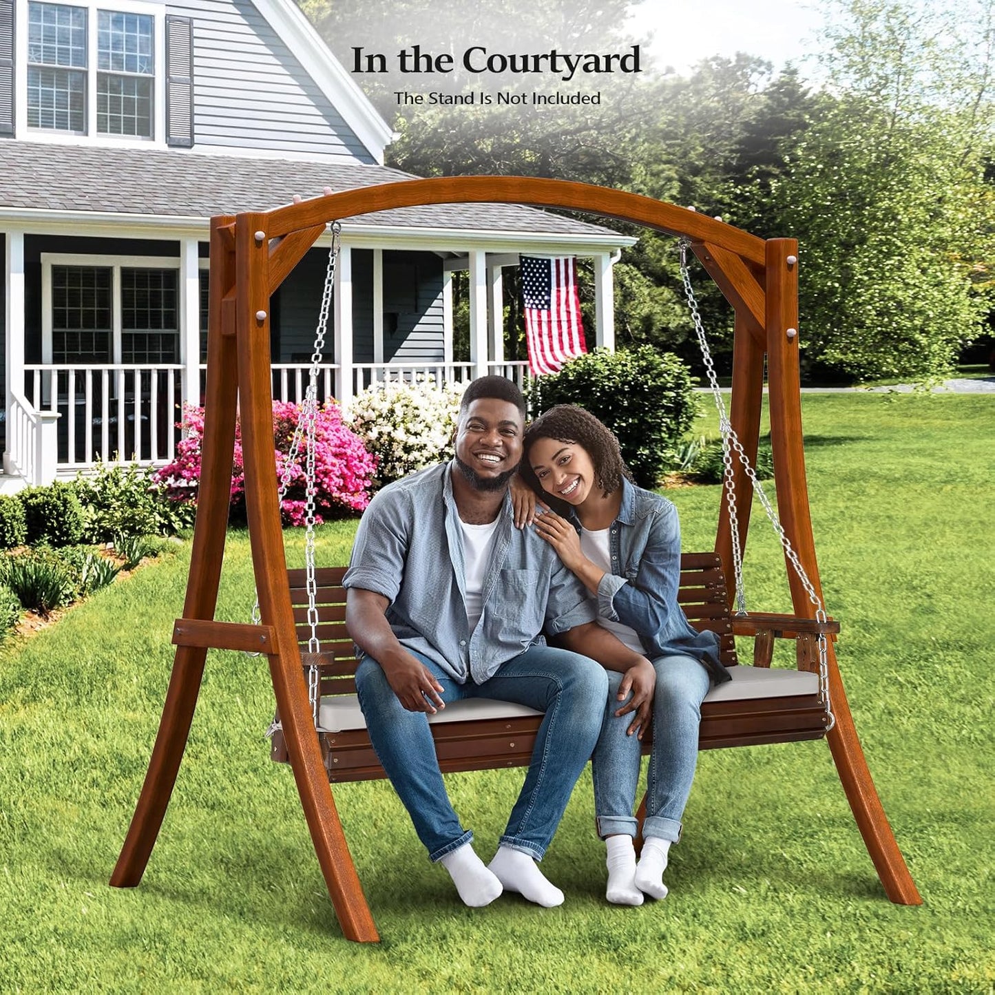 VINGLI Heavy Duty 880 LBS Patio Wooden Porch Swing Outdoor with Extra Cushion, Farmhouse Hanging Bench Tree Swing with Adjustable Chains for Yard | Garden | Lawn | Balcony (5 FT, Rustic)