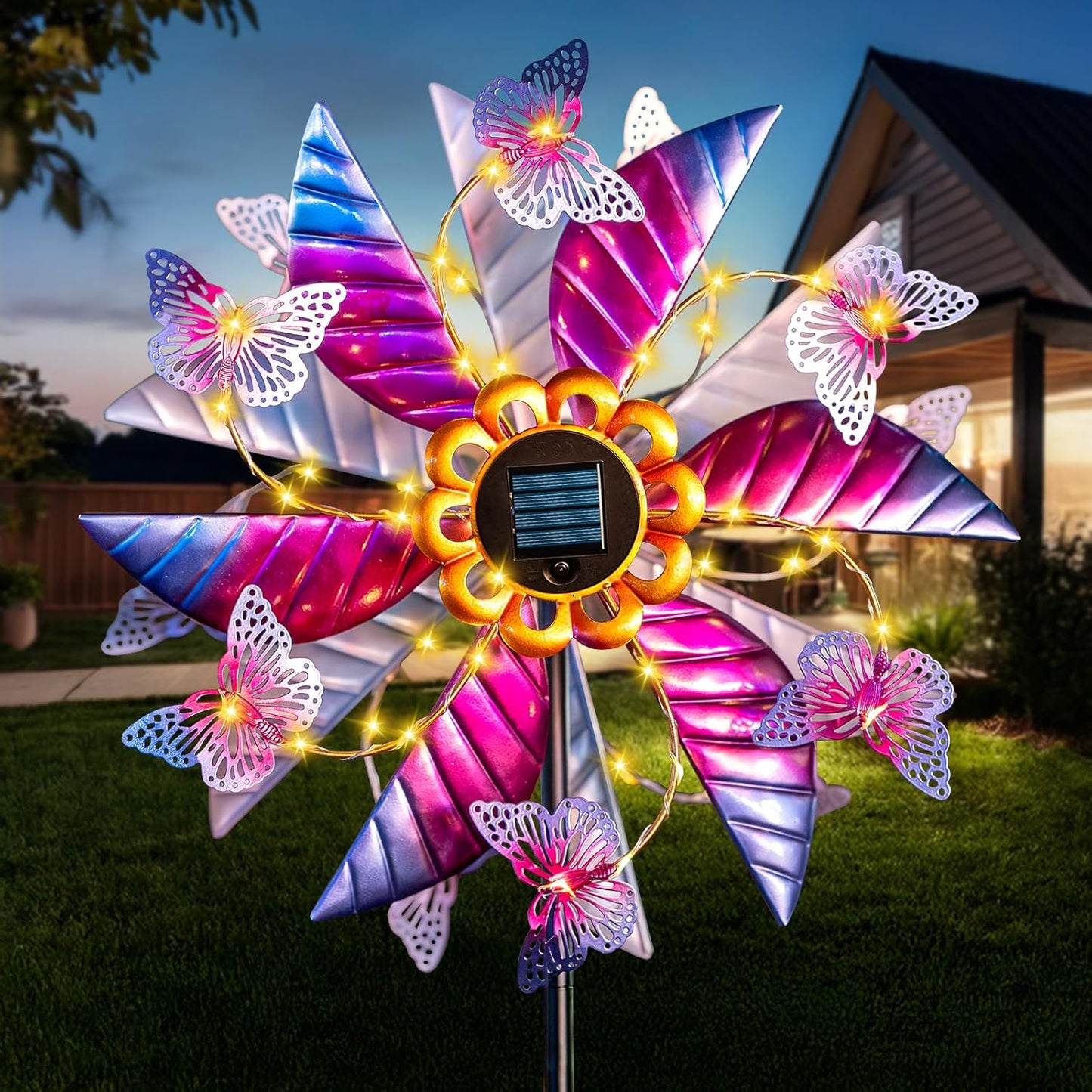 Solar Wind Spinner Outdoor, 360° Metal Large Butterflies Wind Sculpture with Outdoor Kinetic Windmills with Vine String LED Lights for Decor Garden Patio, Lawn & Yard