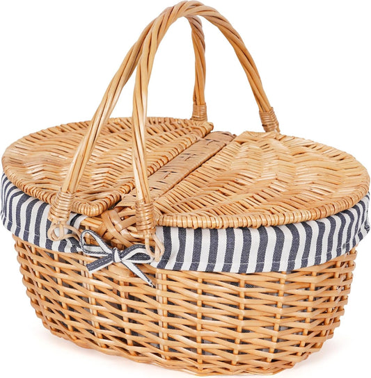 Happypicnic Wicker Picnic Basket with Handle, 15" Large Empty Picnic Basket with Lid & Removable Liner, Vintage Hand Woven Basket for Picnics, Camping, Veg Picking, Mother'S Day, Thanksgiving (Stripe)