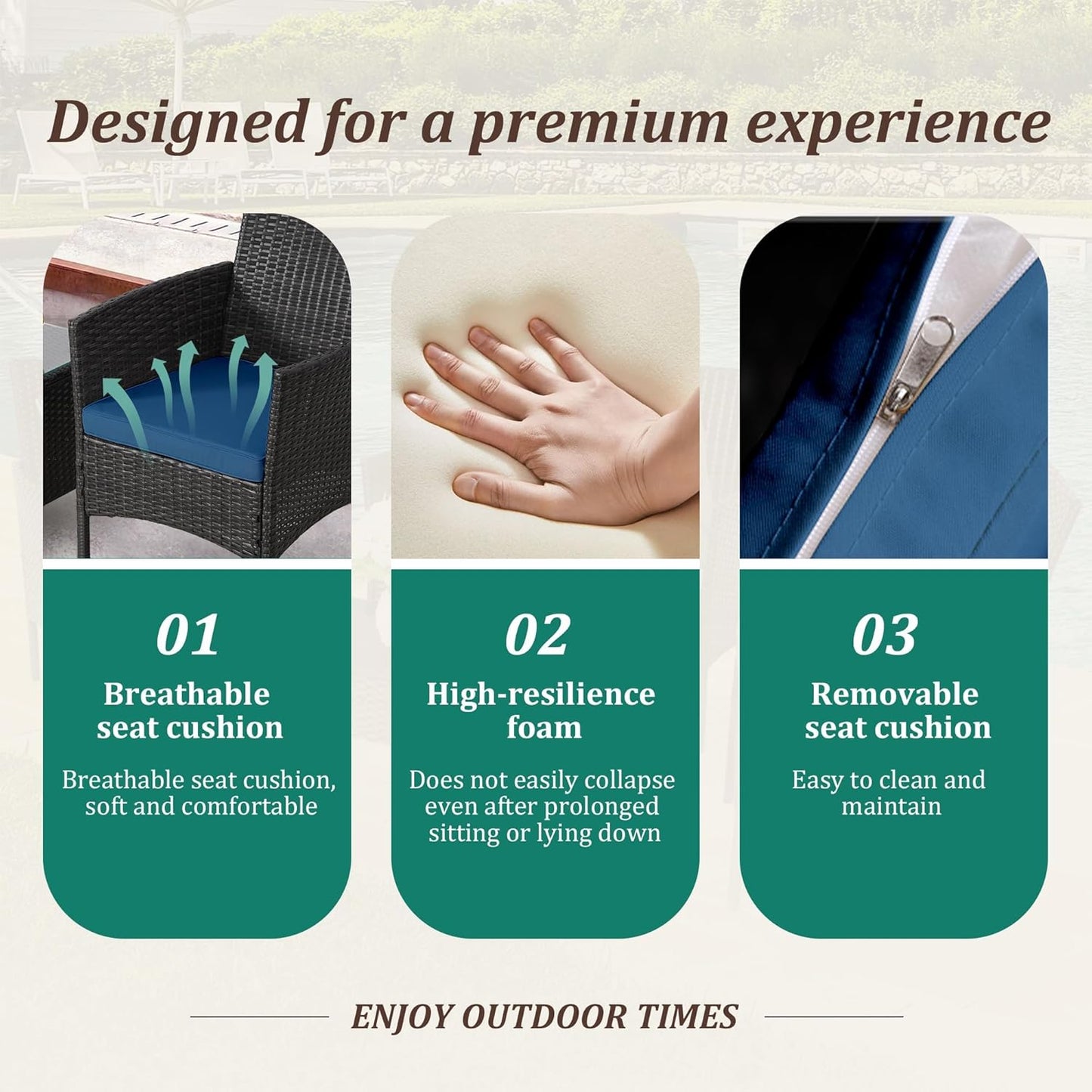 3 Piece Patio Furniture Set - Outdoor Conversation Sets with Coffee Table, Rattan Chair Set for Garden/Poolside, Coffee/Blue