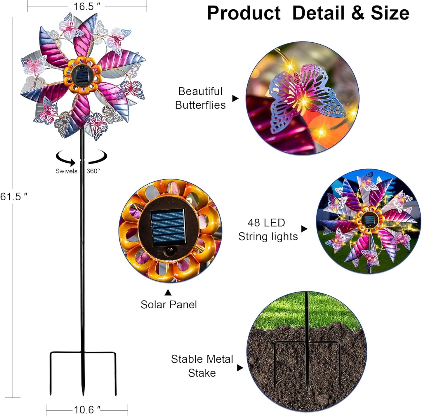 Solar Wind Spinner Outdoor, 360° Metal Large Butterflies Wind Sculpture with Outdoor Kinetic Windmills with Vine String LED Lights for Decor Garden Patio, Lawn & Yard