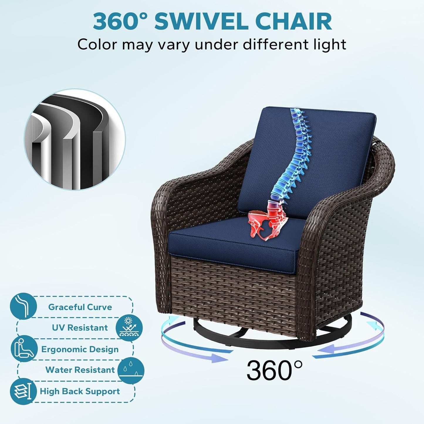 3 Pieces Patio Conversation Set, 55" Sofa with Washable Cushions, Wicker 360 Degree Swivel Glider Rocker Chairs, Wicker 2-Seat Couch for Garden, Lawn (Navy Blue)