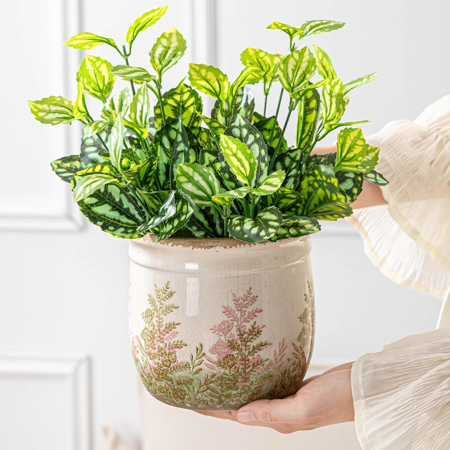 Vintage Pink and Green Ceramic Planter Set of 2, 4.7+5.7 Inch Rustic Flower Pots for Indoor Plants, Decorative Ceramic Plant Pots for Home, Living Room, Garden, Gardening Gift