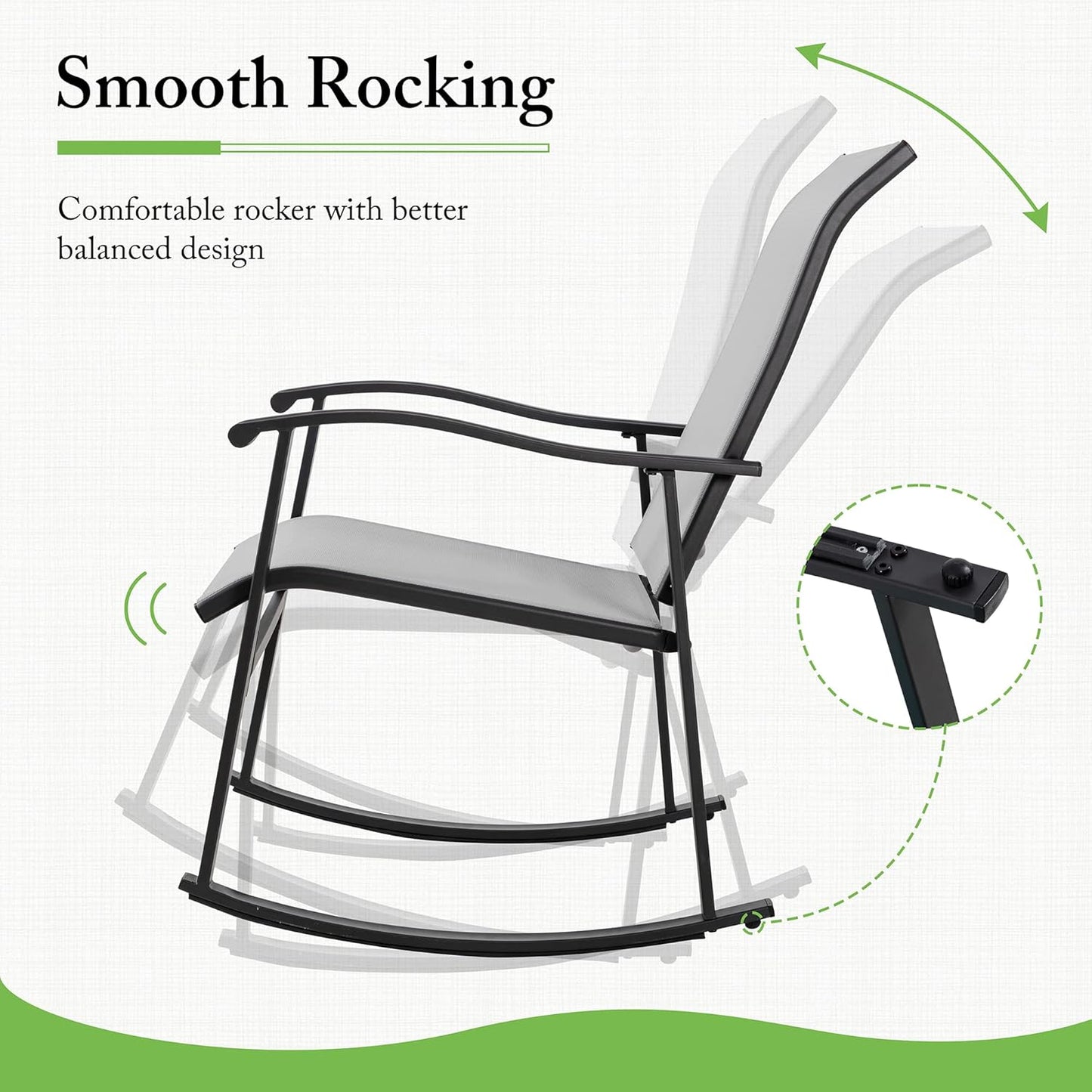 Shintenchi 3 Piece Rocking Bistro Set, Outdoor Furniture with Rocker Chairs and Glass Coffee Table Set of 3, Balcony, Porch Furniture for Small Space, Light Gray