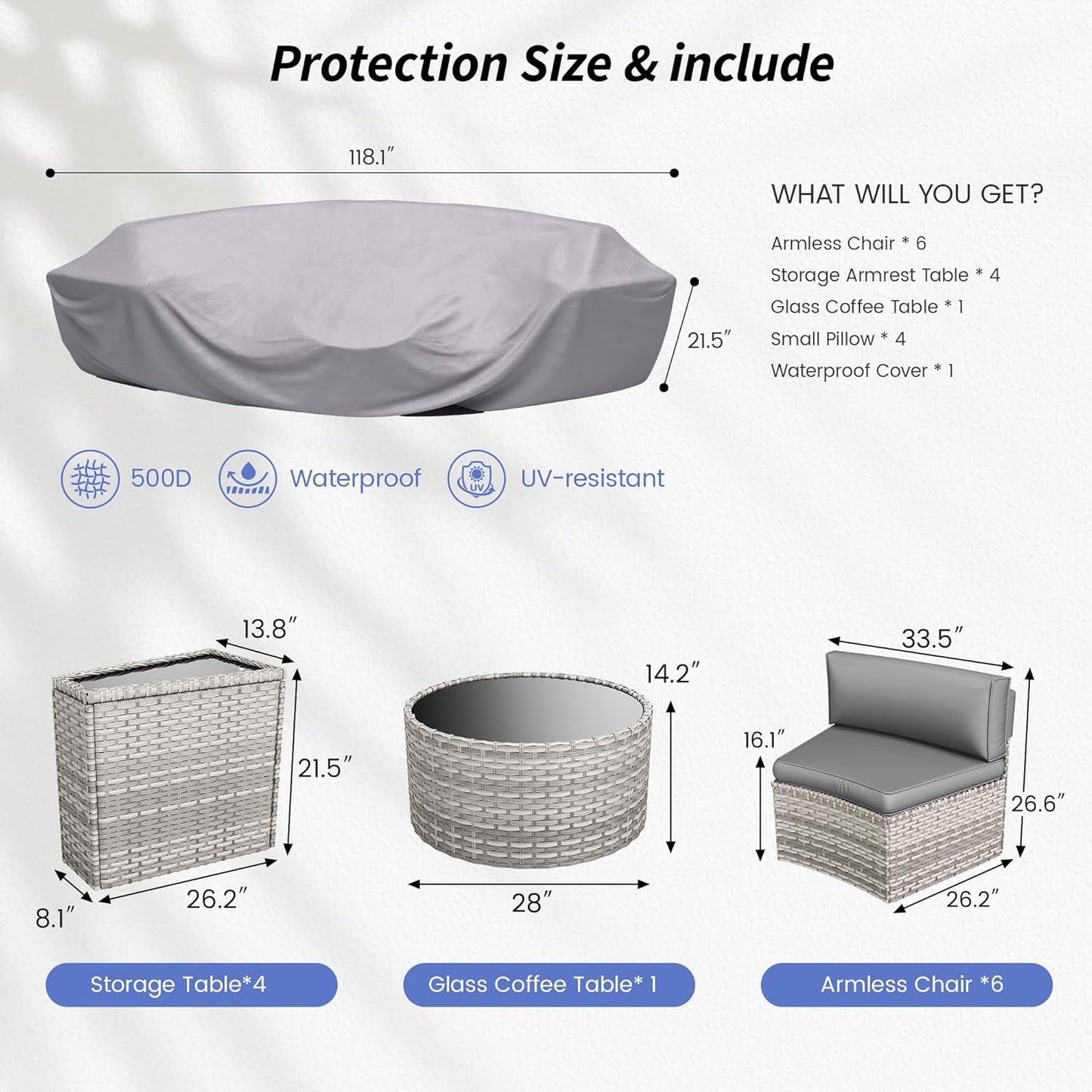 Patio Sectional Furniture Outdoor 11-Piece Grey Rattan Curved Sofa Set with Storage Table,Pillows,Fit for Pool Backyard Balcony Porch Lawn (Grey)