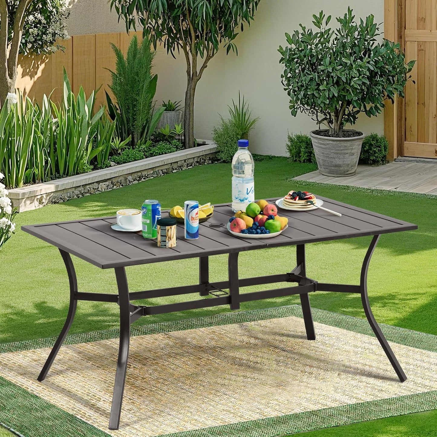 Aoodor Patio Dining Table for 6 People, 59" L x 38" W Rectangular Metal Outdoor Dining Table with Adjustable Umbrella Hole for Garden, Poolside, Backyard